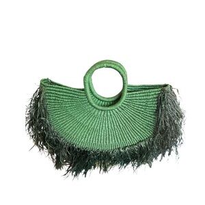 Raffia Handwoven Green Tote With Fringe | Summer Handbag | Straw Beach Tote